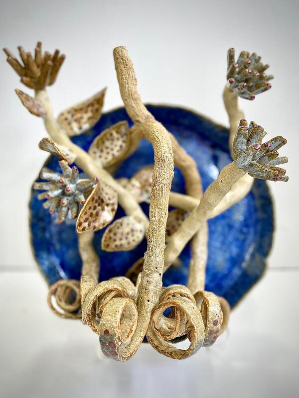 5 jason lim crystal growth series lustre dots blue plate with flowers3 stoneware blue crystalline stoneware glaze lustre diam 36 cm x h 16 cm sgd 3800 orig