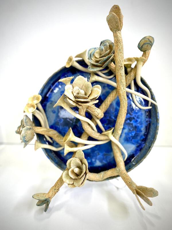 7jason lim crystal growth series raku blue plate with flowers4 stoneware blue crystalline and stoneware glaze diam 30 cm x h 12cm sgd 3800 orig