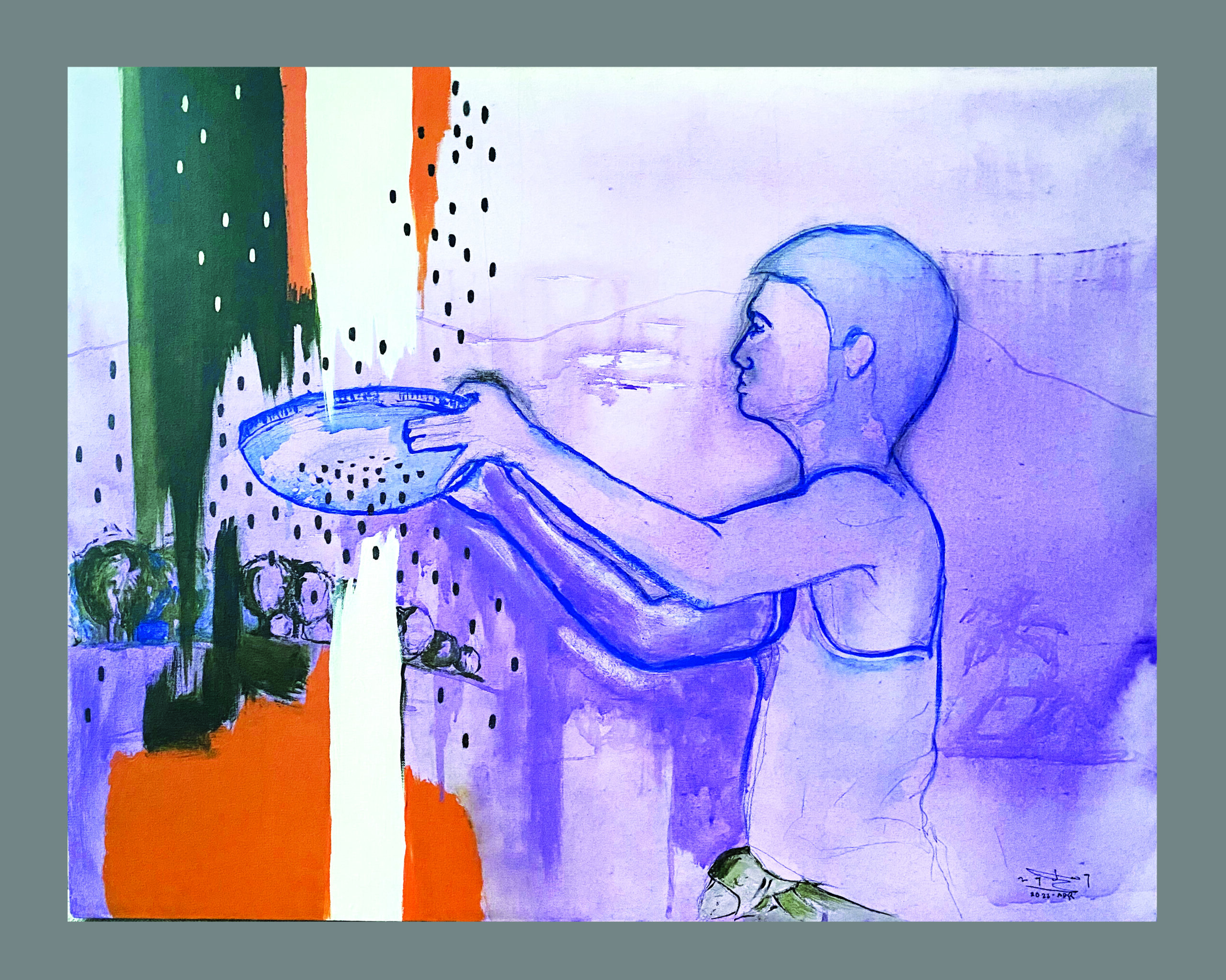 Maung Day, Harvesting Grains from the Sky with a Basket Full of Holes, Acrylic on canvas, 55 x 75cm, 2022
